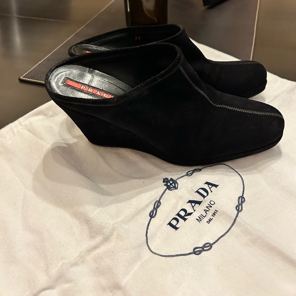 Prada Wedge Mule, Black Suede, size 6